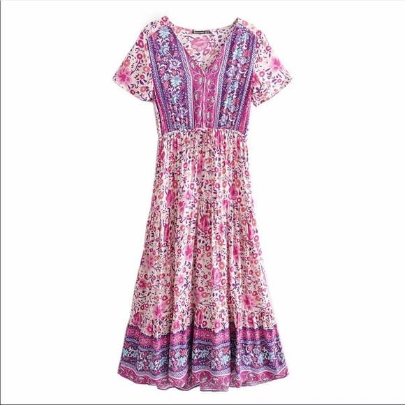 Girly Pink Boho Floral Gypsy Print Maxi Dress - Picture 8 of 11
